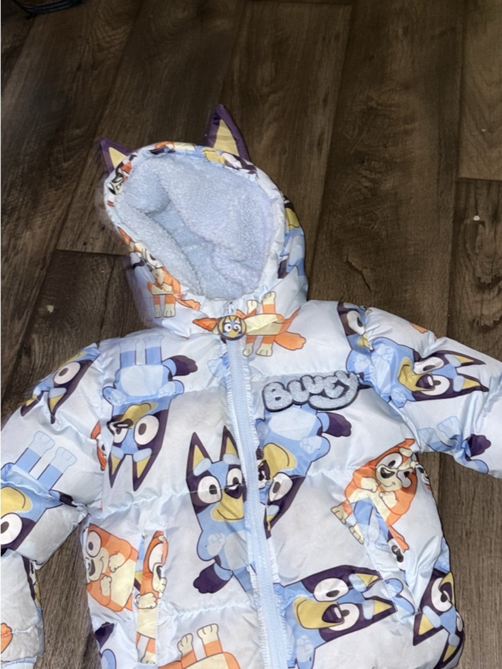 Kids Light Blue Character Puffer One-Piece Jacket with Hood